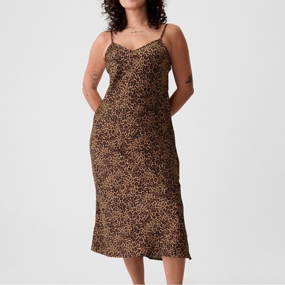 GAP Leopard Print Satin Midi Dress - Brown & Black